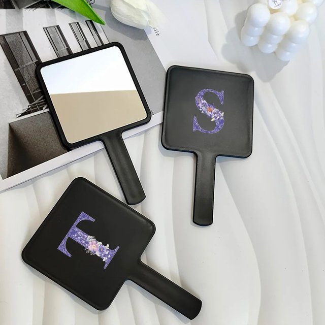 Fashion Universal Square Handheld Makeup Mirror With Handle Portable Vanity Mirror Initial Name Purple Flower 26 Letters Pattern