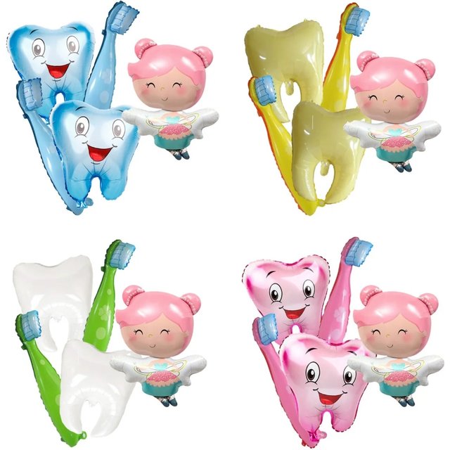 5-Piece Toothbrush and Tooth Balloon Set, Elf Toothbrush Aluminum Film Balloon Set, Suitable for Birthday Shower Decoration