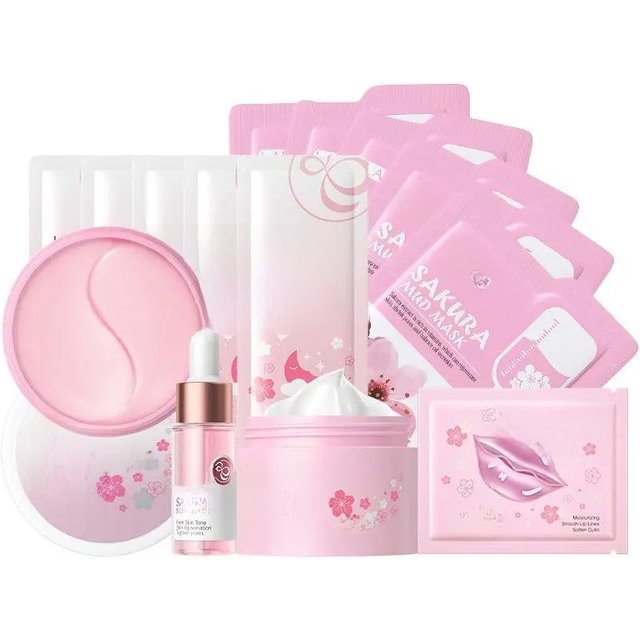 Sakura Skin Care Kit, 14pcs/set Moisturizing Facial Mask & Essence Face Cream & Eye Mask & Lip Mask, Skin Care Kit for women