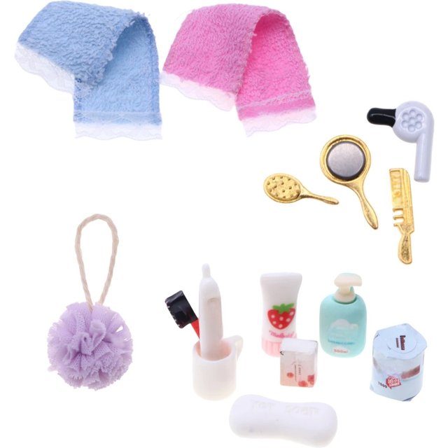 Dollhouse Miniature Bathroom Accesso Kit Simulation Hairdryer Comb Toothpaste Toothbrush Mini Towel Bath Ball Shower Gel Soap