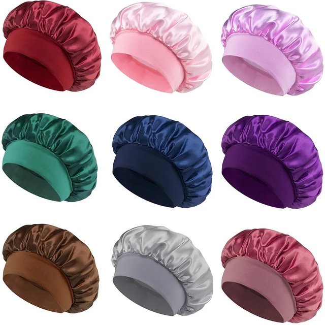 Women Satin Bonnet Hair Bonnet for Sleeping Hair Care Silk Bonnets Solid Wide-brimmed Sleeping Hat with Elastic Soft Band