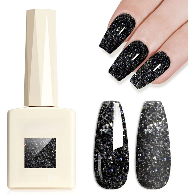 CANNI HEMA FREE Gel Nail Polish Black Glitter Diamond Sparkle Gorgeous Color Long Lasting Soak Off UV LED Gel Lacquer Super Top