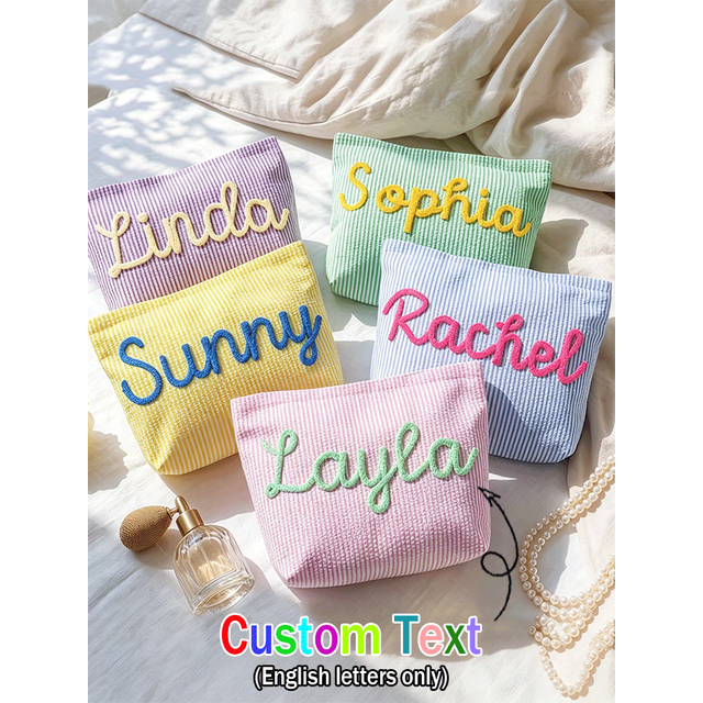 Custom Seersucker Makeup Bag & Travel Pouch — Personalized Chenille Name Toiletry Bag & Summer Beach Tote