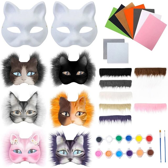 Therian Mask Kit Paper Blank Masks Half Face Mask Therian Mask set Hand Drawn Animal Cat Mask DIY Masks Cosplay Party Gifts