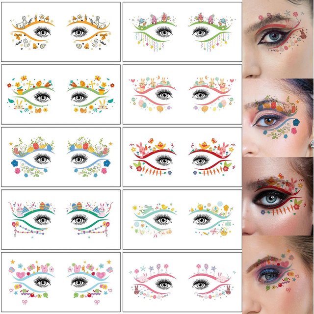 10 Pieces, Easter Series Temporary Eye Tattoo Stickers, Easter Bunny Egg Decorative Patterns, Waterproof Fun Party Makeup Tattoo