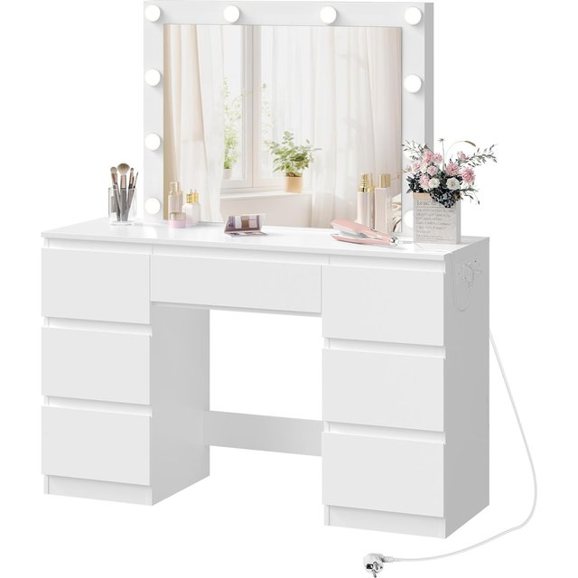 WOLTU Dressing Makeup Table Vanity Table with Mirror Adjustable LED Light 7 Drawers 2 Sockets 1 USB-A and 1 USB-C for Bedroom