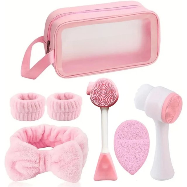 7-piece makeup and face wash beauty set, including 3 headband sets, 1 cosmetic bag, 2 face wash brushes and 1 powder puff