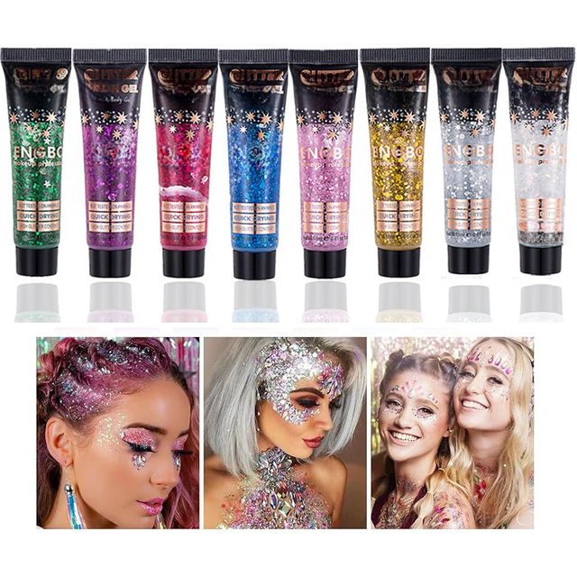 8 Colors Body Glitter, Face Glitter Gel, Hair Glitter, Self-Adhesive Glitter Gel, Cosmetic Glitter, Suitable for Stage Makeup