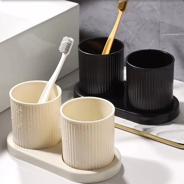 2pcs/set Solid Color Mouthwash Cup with Tray, Couple Toothbrush Cup, Gargle Cup Set,Family Bathroom Tumbler,Bathroom Accessories