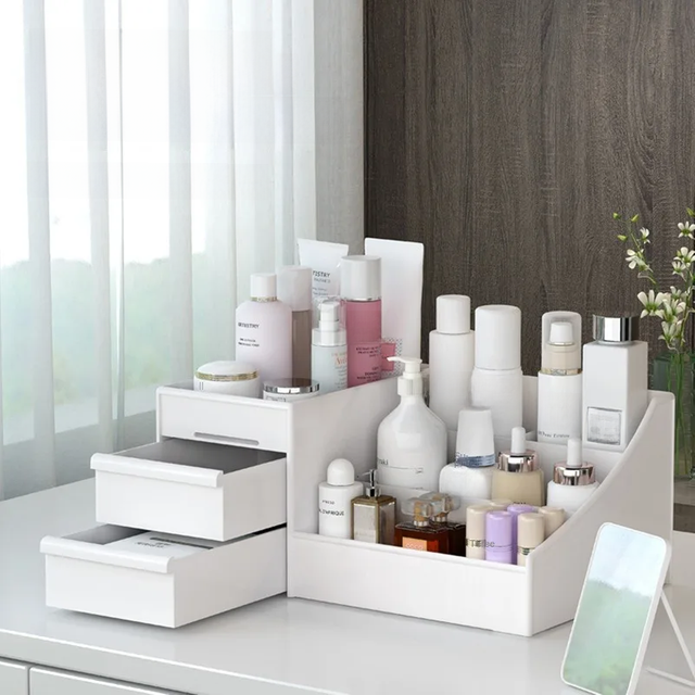 1pc White New Drawer Makeup Storage Box Dormitory Finishing Plastic Shelf Cosmetics Skin Care Dressing Table Desktop