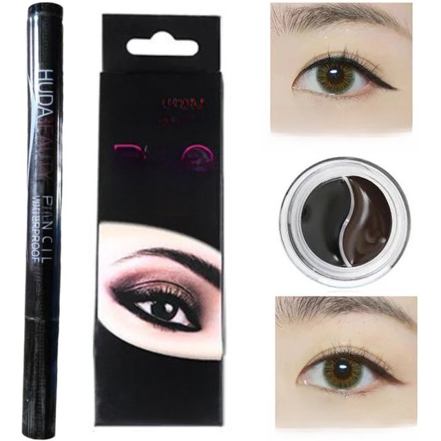 Black Brown 2 in 1 HUDA Solid Eyeliner Gel Liquid Eyeliner Eye Makeup Set Eyeliner Waterproof Long Lasting Brow Liner Cosmetics