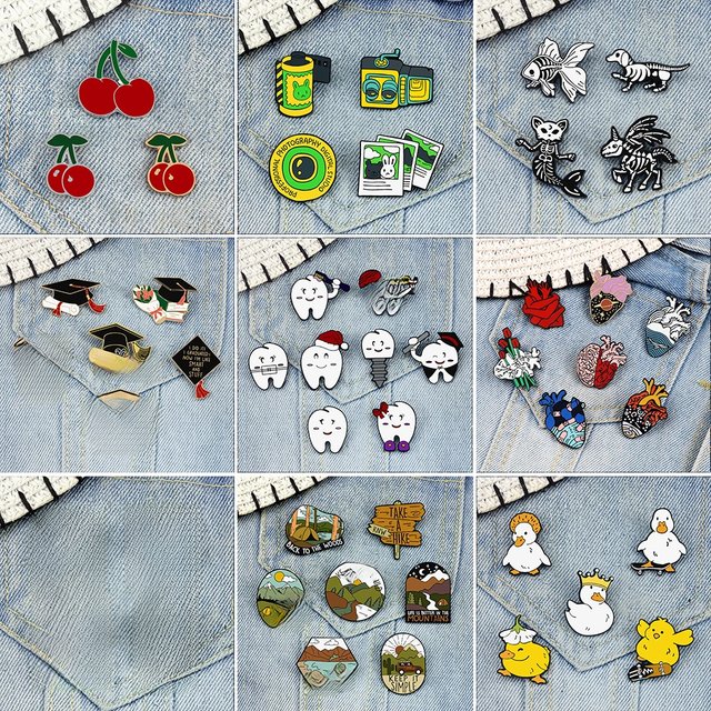 3-8Pcs/Set Heart Organ Enamel Pin Cartoon Teeth Toothbrush Punk Skeleton Skate Goose Brooch Bachelor's Hat Outdoor Hiking Badges