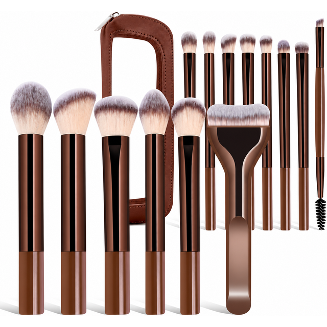 15Pcs Professional Soft Aluminum Makeup Brush Set, Foundation, Eyeshadow, Brow, Blush & Powder Brushes, Portable Cosmetic Tools