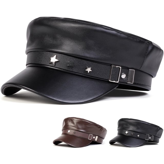 Unisex PU Leather Star Buckle Military Hats Flat Top Baseball Caps for women Outdoor Sports Military Hats Cadet Sunscreen Hats