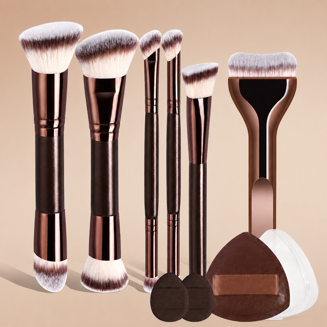 5/6/10 Professional Makeup Brush Set with Powder Puff, Dual-Ended Foundation Brush, Blush, Contour, Eyeshadow