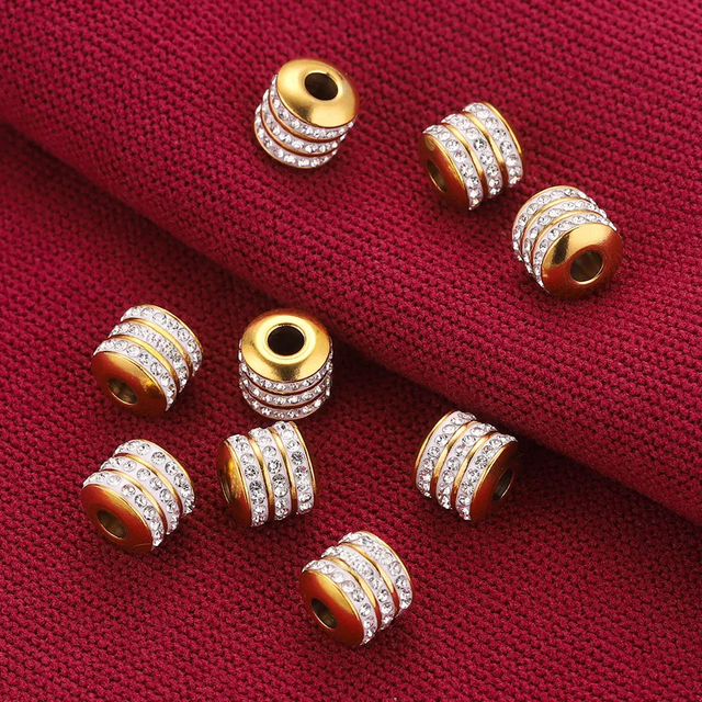 5pcs 8mm Stainless Steel 3 Rows Rhinestones Round Tube Charm Beads Crystal for Jewelry Making Diy Material Make Up Needlework