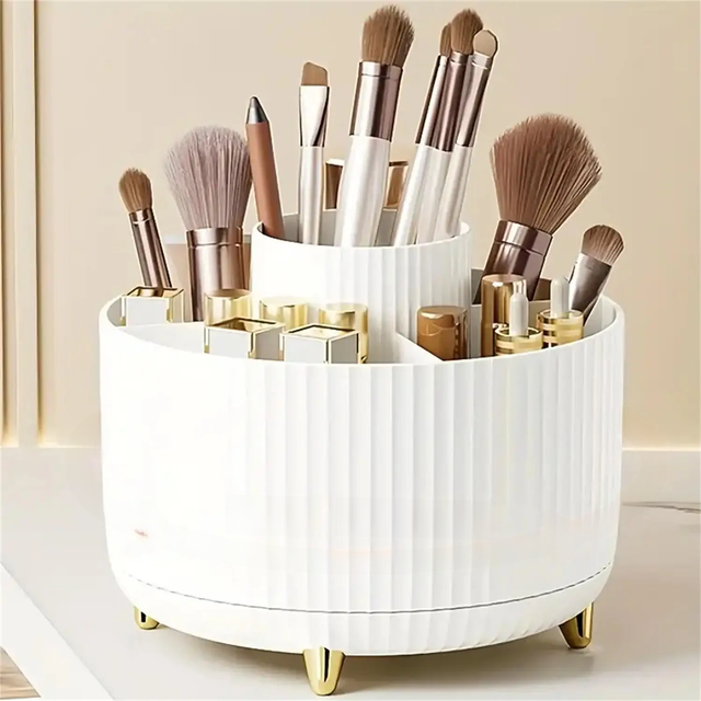 360° Rotating Makeup Organizer - 1pc Plastic Cosmetic Storage with 5 Compartments - Multi-Functional Holder for Brushes