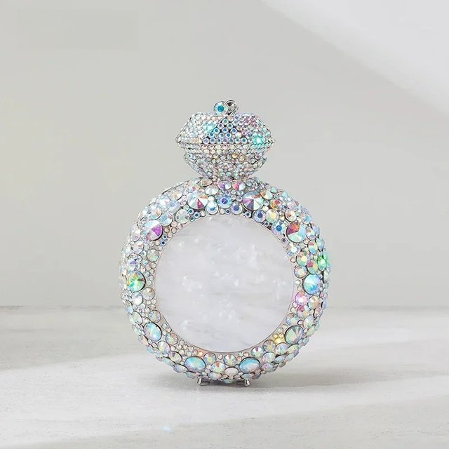 Alizekerr Perfume Bottle Shaped Crystal Evening Bags Women Gorgeous Classy Rhinestone Round Metal Clutch Purses Wedding Party