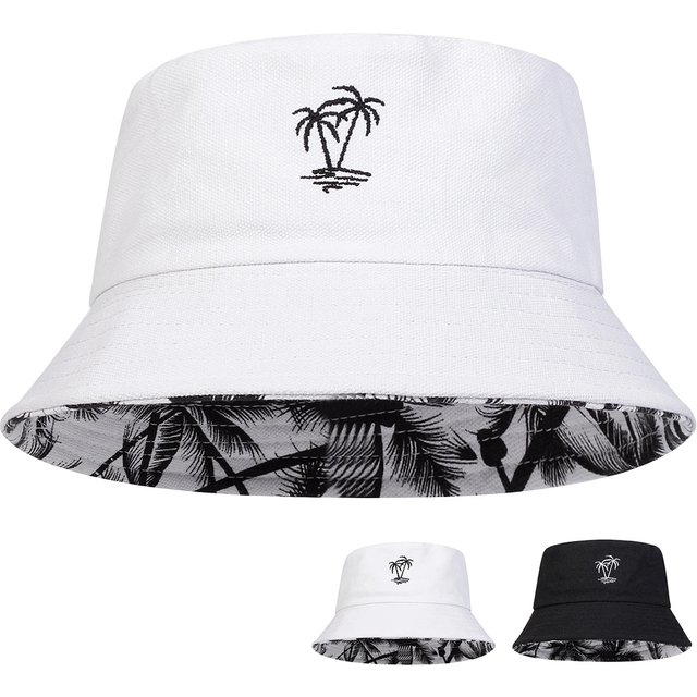 Unisex Coconut Tree Embroidery Double Sided Wearing Bucket Hats Fishermen Caps Outdoor Casual Cap Sunscreen Hat