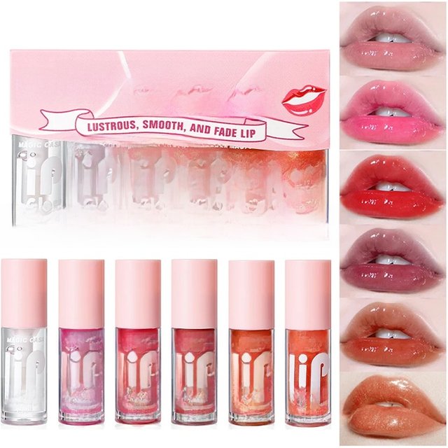 MAGIC CASA 6-Piece Set Water-Gloss Jelly Lip Oil - Plumping, Hydrating, Makeup Base, Long-Lasting Moisture