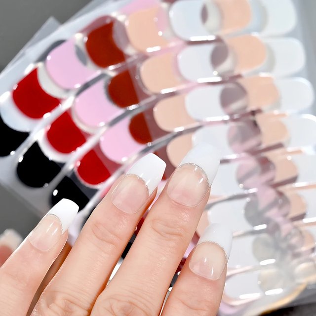 16Tips Semi-Cured French Nail Stickers Pure Color Full Cover Wrap Nail Polish Stickers UV LED Lamp Self-Adhesive Gel Nail Strips