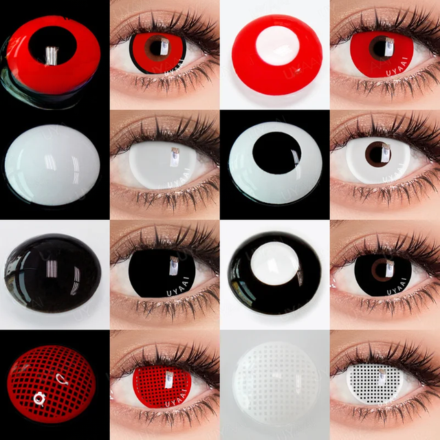 UYAAI 1 Pair Halloween Cosplay Anime Color Contact lenses for Eyes Red White Black Lenses 14.5mm Cosmetics Makeup Colored Lenses