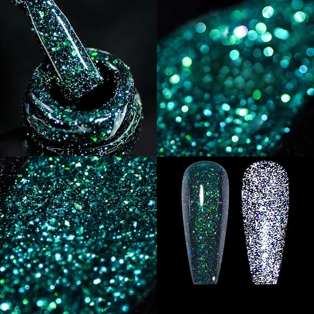 MEET ACROSS 7ml Green Reflective Glitter Gel Nail Polish Ultra-sparkly Semi-permanent Nail Polish Christmas nails accessories