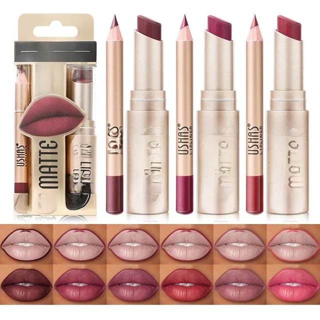 USHAS 12 Color Lip Liner Plus Lipstick Set Easy Coloring Matte Lip Stick Not Dry Long Lasting Nude Red Lipsticks Lipliner Set
