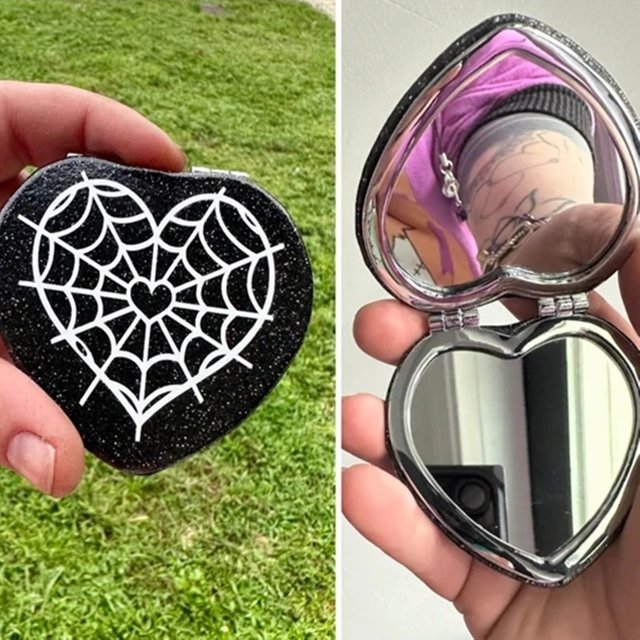 Black Heart Spiderweb Compact Mirror, Goth Accessories for Makeup Bag or Gothic gift for her