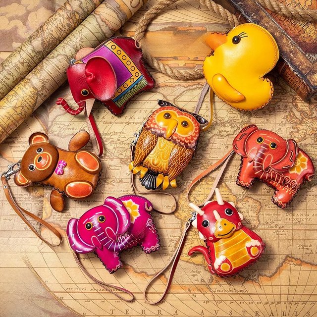 Genuine Leather Cute Coin Purse Handmade Animal Wallet Bag Card Hoder Lipstick Case Mini Earphone for women Kid Student New Year