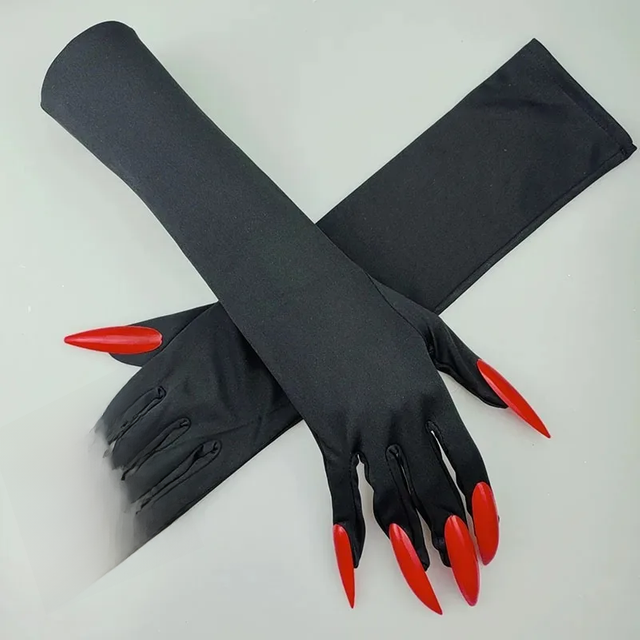 Halloween Makeup Ball Witch Red Nail Ghost Cat Demon Paw Gloves Cosplay Black Elastic Satin Stage Performance Women Long Mittens