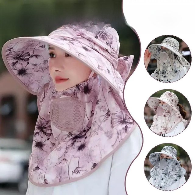 Summer Women Wide Brim Garden Work Shade Hat Face Mask No Detachable Sunhat Outdoor Breathable Fisherman Hat UV Protection