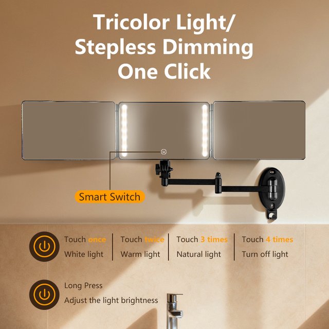 Wall Mounted 3 Way Hair Cutting Mirror with LED Light 360° Trifold Adjustable Brightness Folding Arm for Makeup Shaving