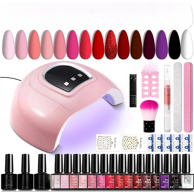 Limegirl Gel Nail Polish Set with Nail Lamp, Morandi & Pink-Red Shades, 8ml Long Lasting 21-30 Days Kit for Home Salon