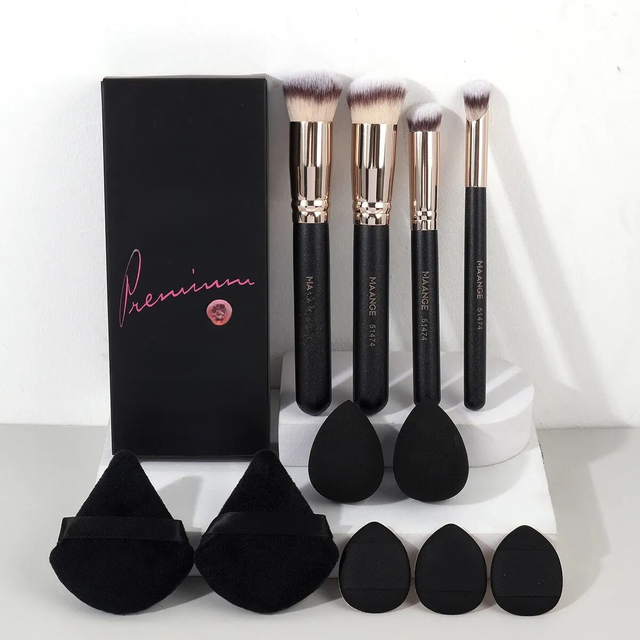 MAANGE 11PCS Makeup Tool Kit 4PCS Makeup Brush Wih Powder Puff Makeup Sponge Finger Air Cushion Puff Concealer Blend Eyeshadow