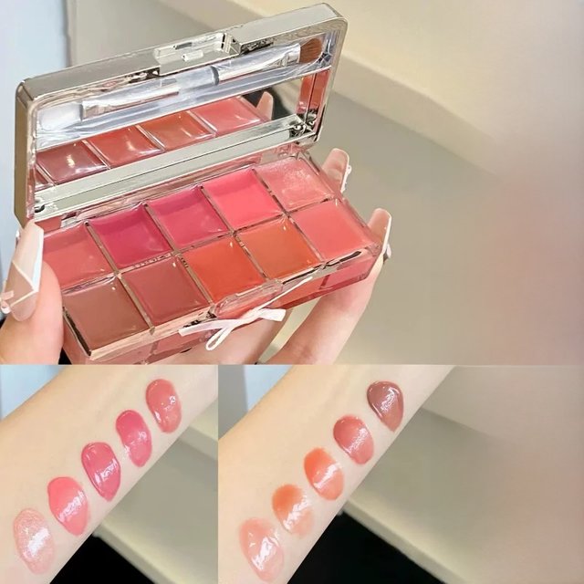 FLORTTE Brand Real 10-Color Lip Palette Lip Gloss and Lipstick Glossy Moisturizing Pigmented Multifunctional Original Cosmetics