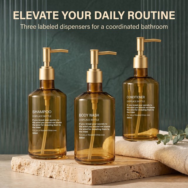 Shampoo and Conditioner Dispenser Set 3 x Gold Pump Bottles with Label Luxury Shampoo Dispenser Bathroom Shower Dispenser
