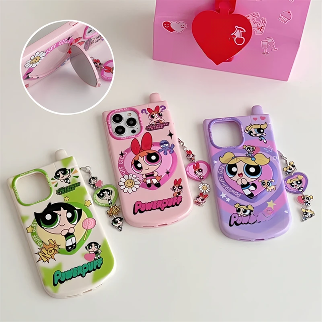 3D Cute Cartoon The Powerpuff Girls Hide Makeup Mirror Phone Case For iPhone 15 14 13 12 11 Pro Max Soft TPU Cover With Lanyard