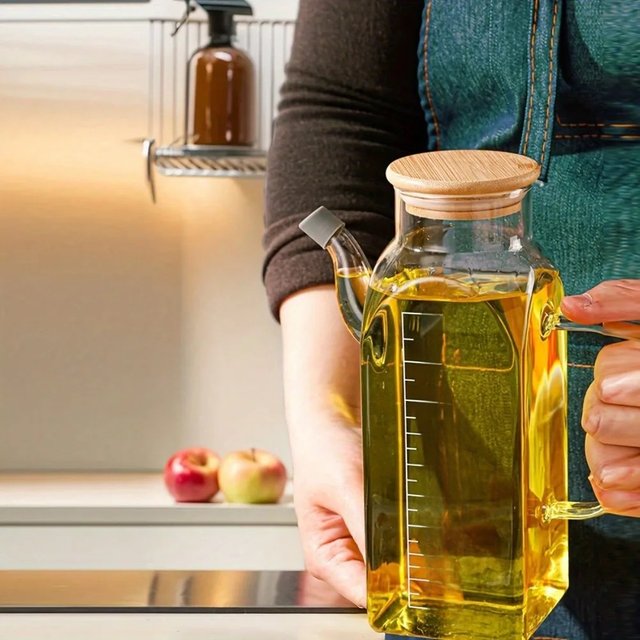 Glass Oil Pot 1000ml Large Capacity Vinegar Pot with Lid with Measurement Markings Hand Wash Only -Home Use Kitchen Accessories