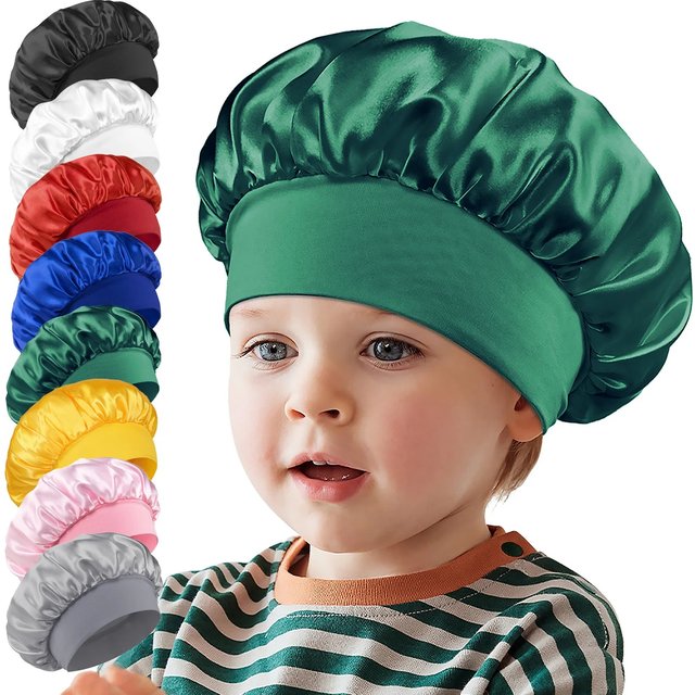 Kids Girls Boys Satin Night Sleep Cap Wide Band Elastic Turban Bonnet Hair Care Beanie Nightcap Scarf Bandana Headwear Children