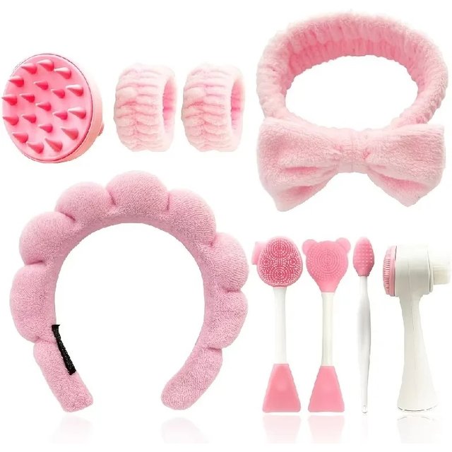 9-piece beauty makeup set, makeup kit, including a four-piece headband set, face wash and massage tools, etc.
