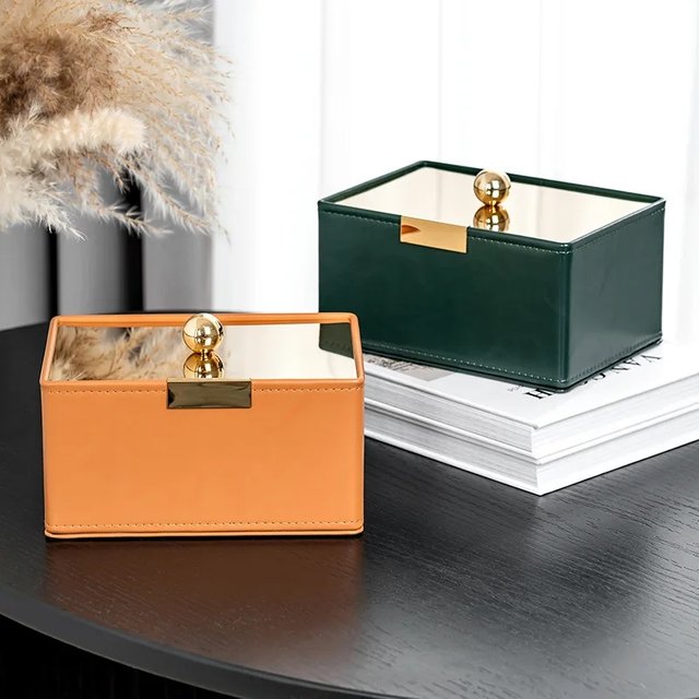 Nordic Style Light Luxury Leather Storage Box Cover Cosmetics Storage Basket Desktop Leather Finishing Bag Home Bedroom Decor