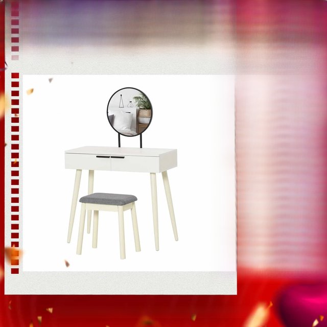 HOMCOM Dressing Table Vanity Set Make Up Desk with Round Mirror & Stool White