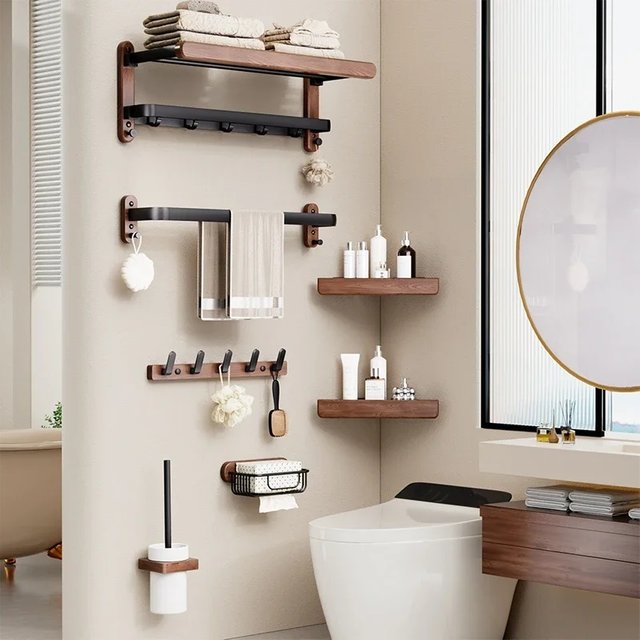 Wooden bathroom shelves set, shower organizer shelf,wood wall bath shelf,Hair dryer holder, Corner Shelf Washroom corner shelf