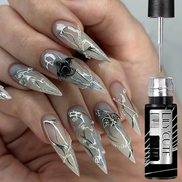 LILYCUTE 5ml Silver Super Bright Metallic Liner Gel Nail Polish Chrome Gold Mirror Effect Painting Drawing Line Gel Nail Art DIY
