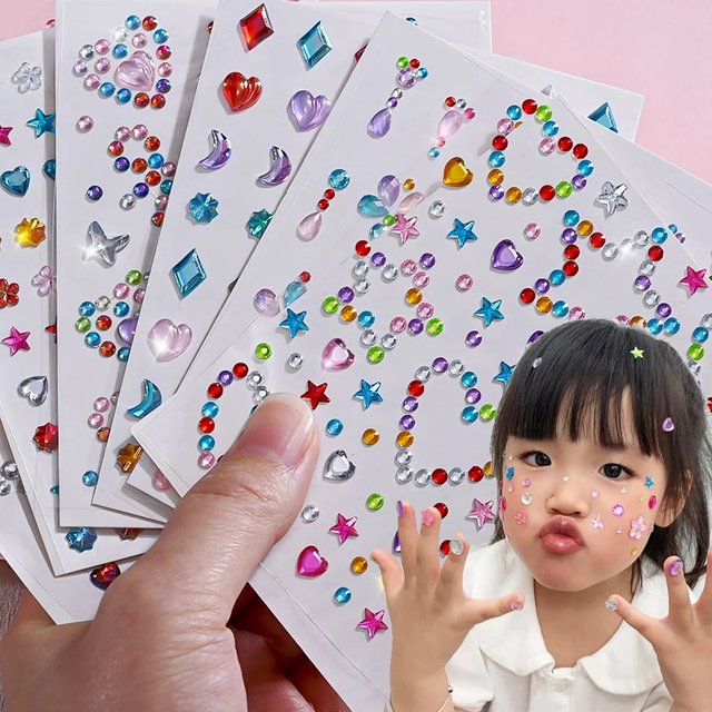 1Sheet 5D Mixed Shell Aurora Rhinestone Girl Face Stickers Hollow Star/Moon/Heart Self-Adhesive Cute Girl Make Up Diamond Decal