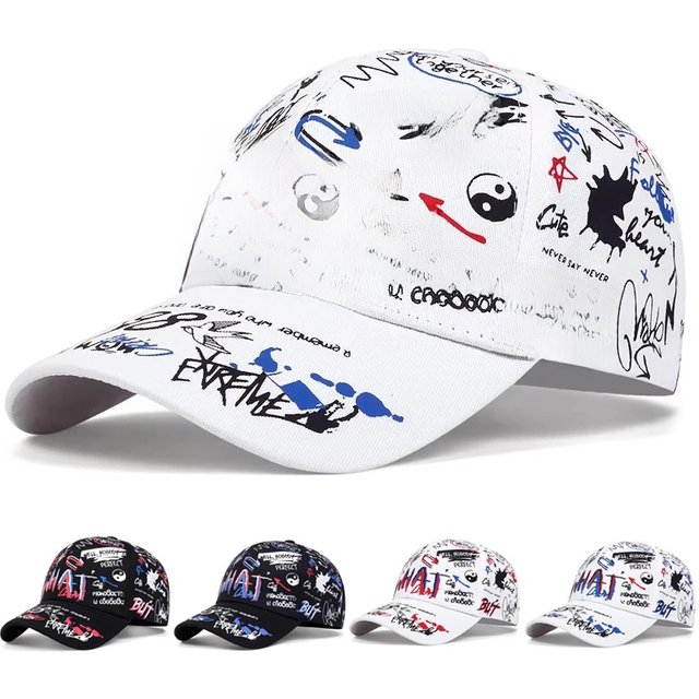 Unisex WHAT Graffiti Printing Baseball Caps Adjustable Casual Hats Spring and Autumn Outdoor Sunscreen Hat