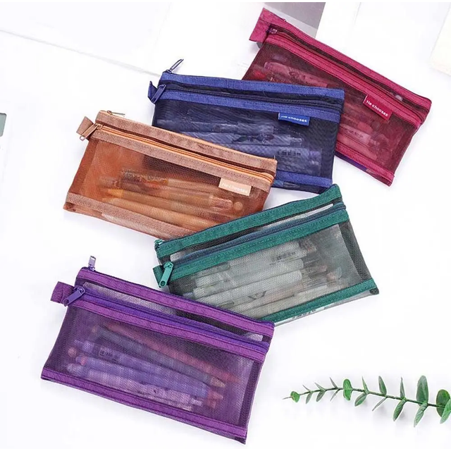 Hollow Clear Mesh Makeup Bag Cosmetic Lipstick Bag Double Layer Transparent Pencile Bag Simple Data Cable Storage Bag