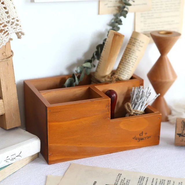 1pcs Multi-functional Wooden Desk Organizer Remote Control & Stationery Storage Box Desk Pencil & Makeup Brush Holder
