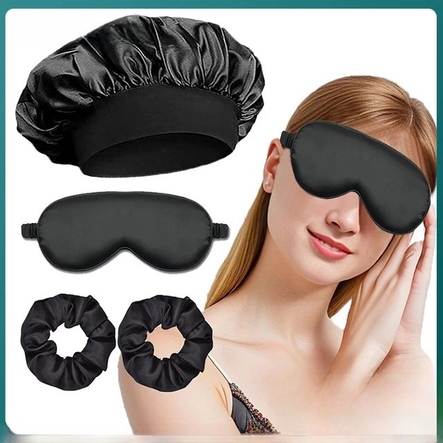 4pcs Hair Care Tool Set: 1 Soft Sleep Mask, 1 Satin Sleep Cap 2 Hair Ties Suitable for Restroom Portable Hairdressing Tools